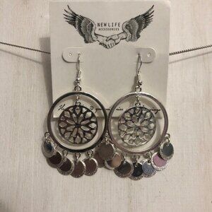 New Life Round Dangle Earrings Silver Tone NOC